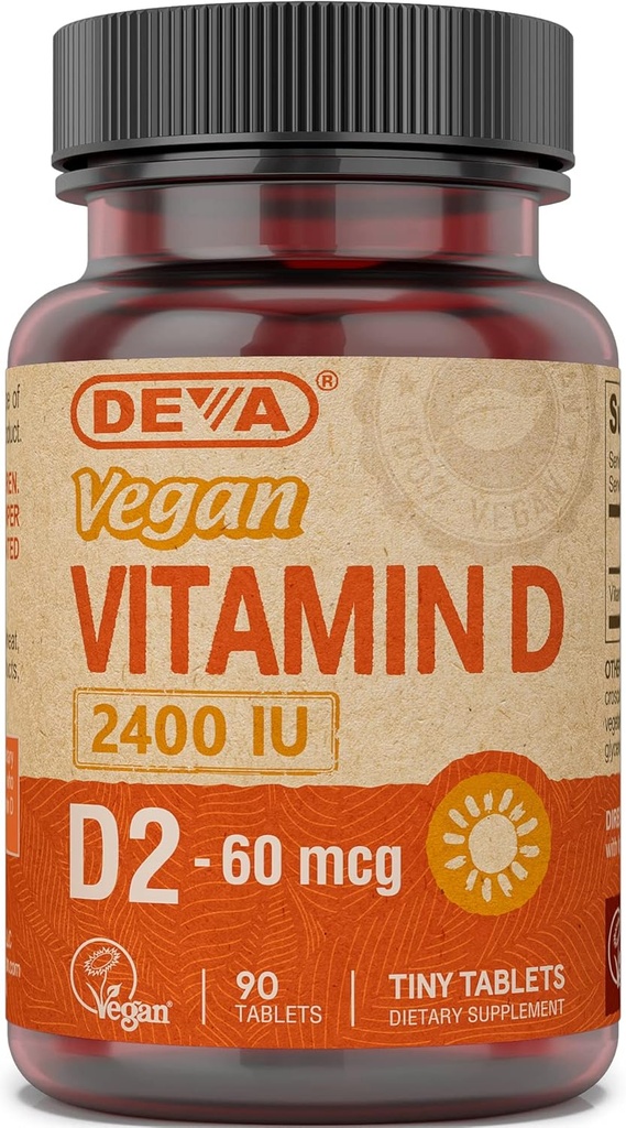Deva Vegan Vitamin D2 60 mcg 2400 IU, Ergocalciferol Supplemento senza ingredienti animali, 90 compresse, 1-Pack