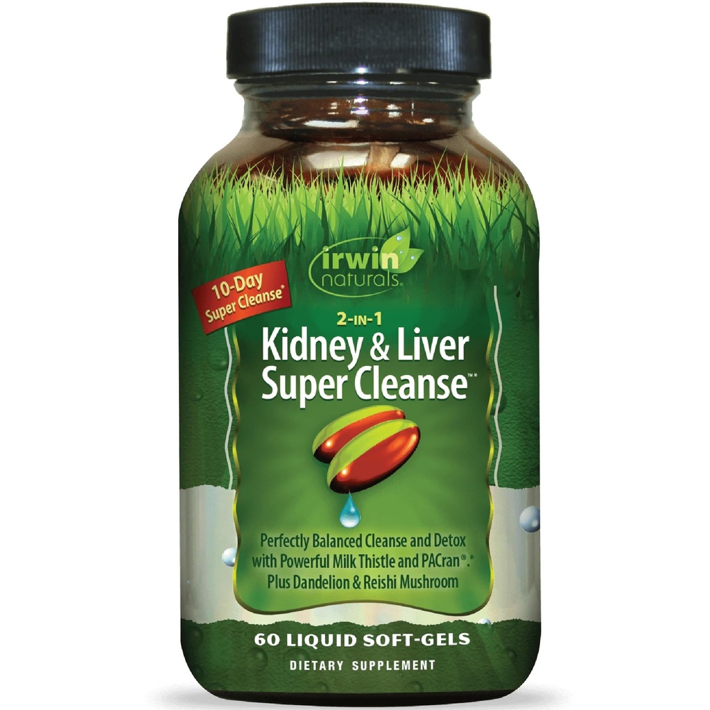 Irwin Naturals 2-in-1 Kidney & Liver Super Cleanse - 60 Liquid Softgels - High-Powered, Whole-Body Support Formula con Fish Oil, Zinc, Magnesium e Potassium