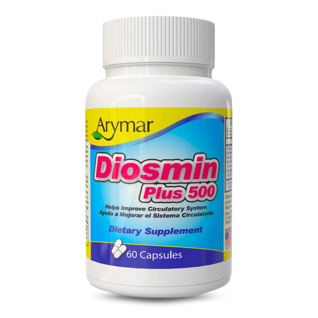 Arymar Diosmin 500mg con Vitamina B-Complex: Formula circolatoria per l'integrità della vena e il flusso sanguigno normale, Salute vascolare e Microcircolo, 60 capsule