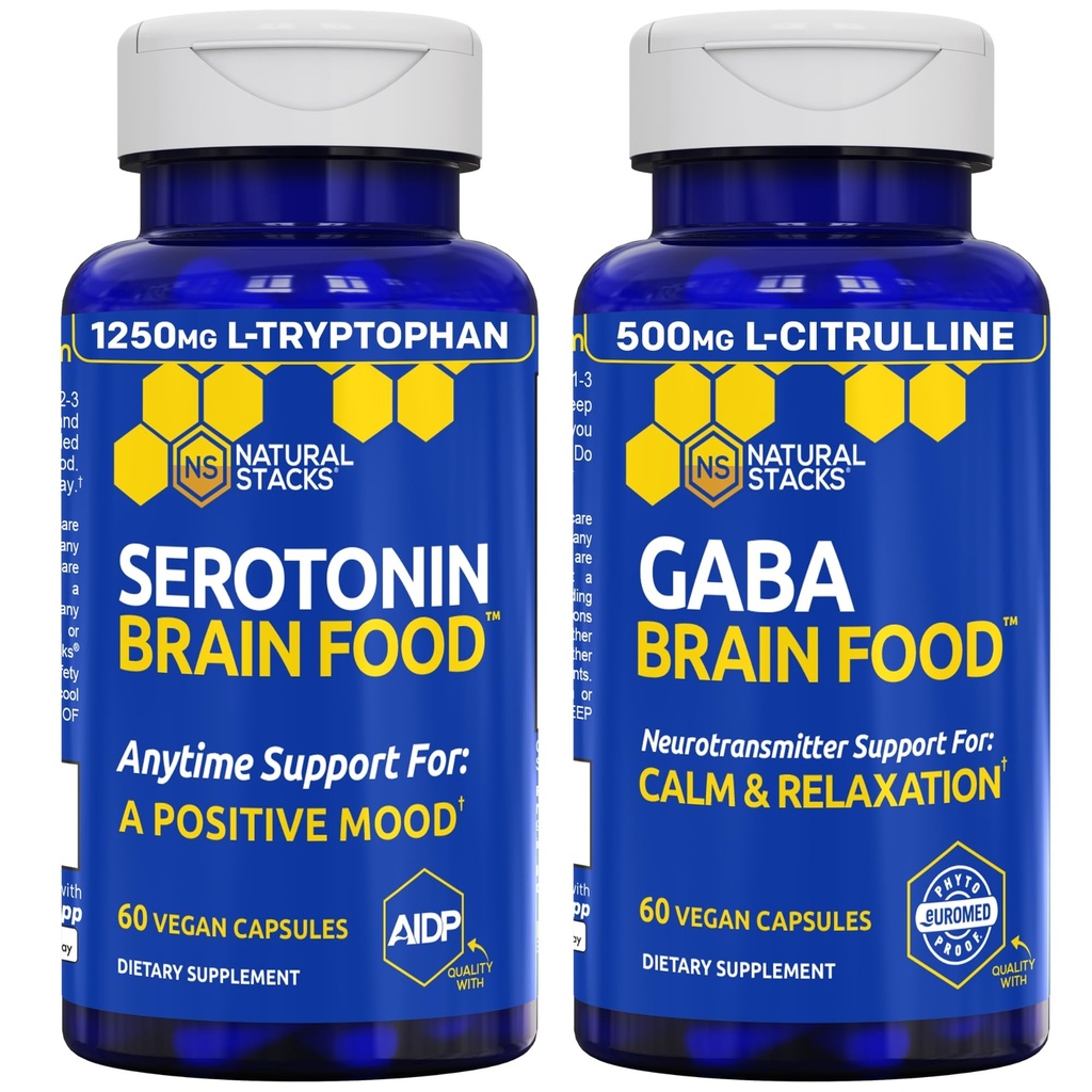 NATURAL STACKS Serotonina & GABA Brain Food Bundle - Supporta un Positivo Mood & Calmness* - 120 Capsule Totali