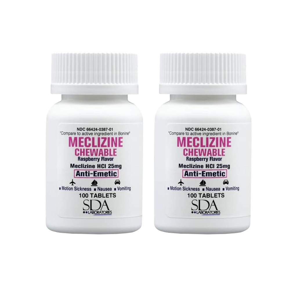 SDA LABORATORIES Meclizine 25mg Kautabletten, Anti-Emetisch, Himbeer Geschmack, Bewegungskrankheit & Vertigo Relief für Übelkeit, Dizziness, Vomiting, Tragbare Reisehilfe (2 Flaschen von 100 Zähler)