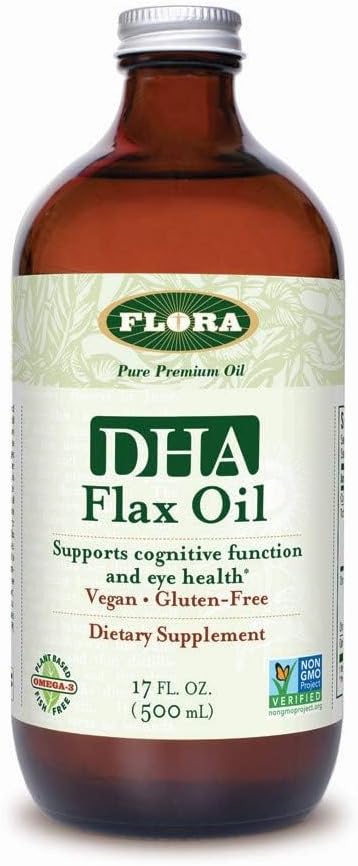 Flora DHA Flax Oil - unterstützt Gehirngesundheit - Enthält Vegan Omega-3-6-9, Gluten-frei, Kosher & Non-GMO - Halten Sie ge Chilled - Glasflasche - 17 fl. oz.