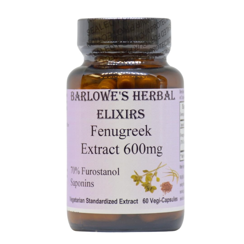 Estratto di erbe di Elisir di Barlowe Fenugreek | 70% Saponins Furostanol | 600 mg per capsula | 60 Vegi-Capsule | Non OGM | Stearate Free | Bottiglia di vetro