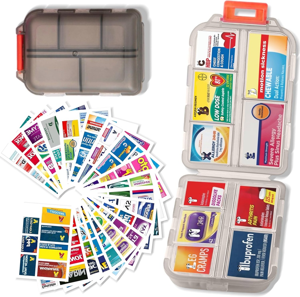 Pill Organizer with Medicine labels Travel Daily Pill Container Mini Medicinal Organizer Storage Pill Organizer Travel Essentials Pill Case 7 Day (Pink & 161 Lables)