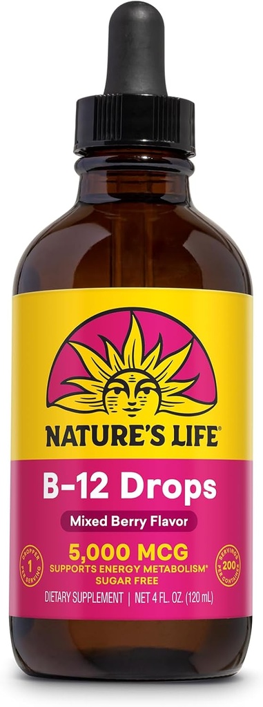 Nature's Life B12 Drops 5000 mcg - Vitamine B12 méthylcobalamine - Liquid B12 Supplément pour le métabolisme énergétique, la fonction nerveuse et le soutien des globules rouges Berry mélangé naturel, sans sucre (200 Serv, 4oz)