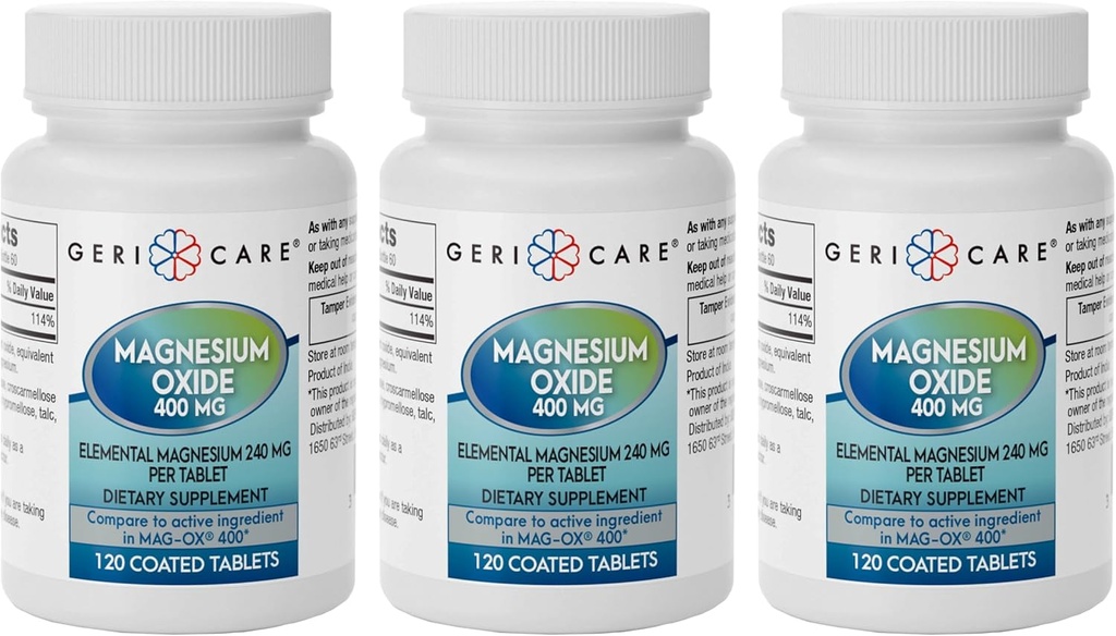 GeriCare Magnesiumoxid-Ergänzung 240 mg Elemental Magnesium, 120 Tabletten, Essential Mineral Support, fördert Vascular Health, Knochenstärke und Muskelfunktion (Pack von 3)