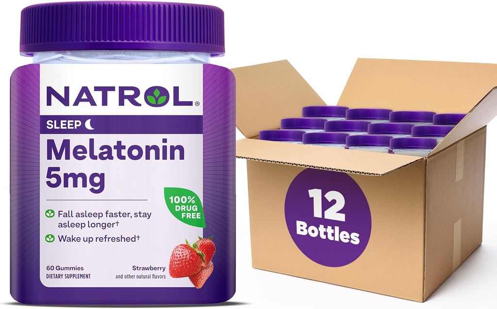 Natrol 5mg Melatonin Gummies, Supporto per il sonno per gli adulti, integratori di melatonina per il sonno, 60 Gummie aromatizzate alla fragola, alimentazione di 30 giorni (pacchetto di 12)
