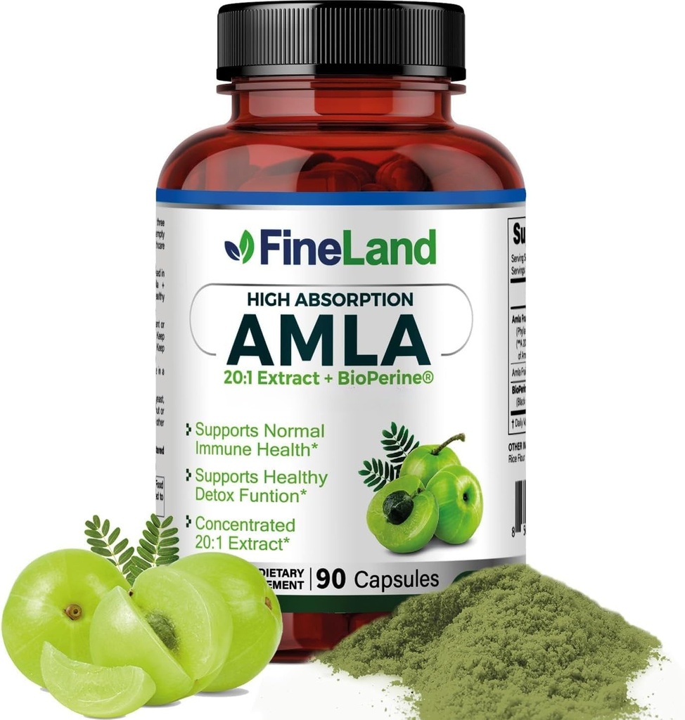 FineLand Amla (Indian Gooseberry) 20X Full Spectrum Extract – 30.600mg Equivalent per Serving with BioPerine® for Absorption, Rich in Natural Vitamin C, Immun & Digestive Support – 90 Vegan Capsules