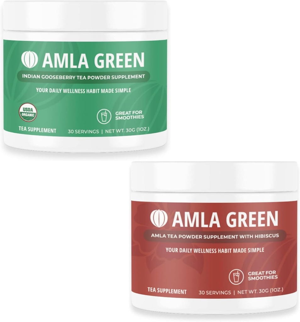 Amla Powder & Green Tea Superfood Supplement mit indischen Stachelbeeren & Hibiscus, Bio, Vegan, 30 Servierungen