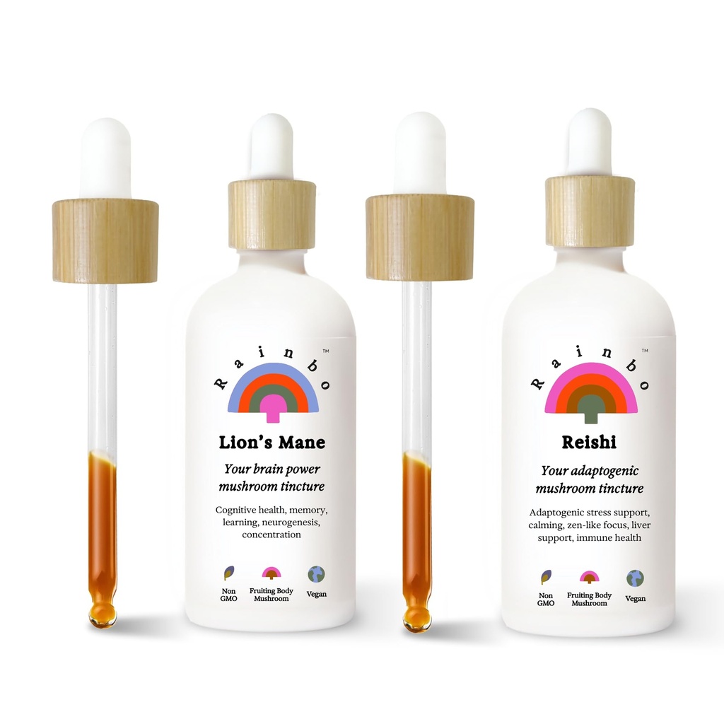 Rainbo Brain Health Bundle, Lion's Mane Mushroom Extract + Reishi Mushroom Tincture, doppio estratto Daily Mushroom Tinctures per il supporto immunitario completo, Vegan Liquid Mushroom Supplements