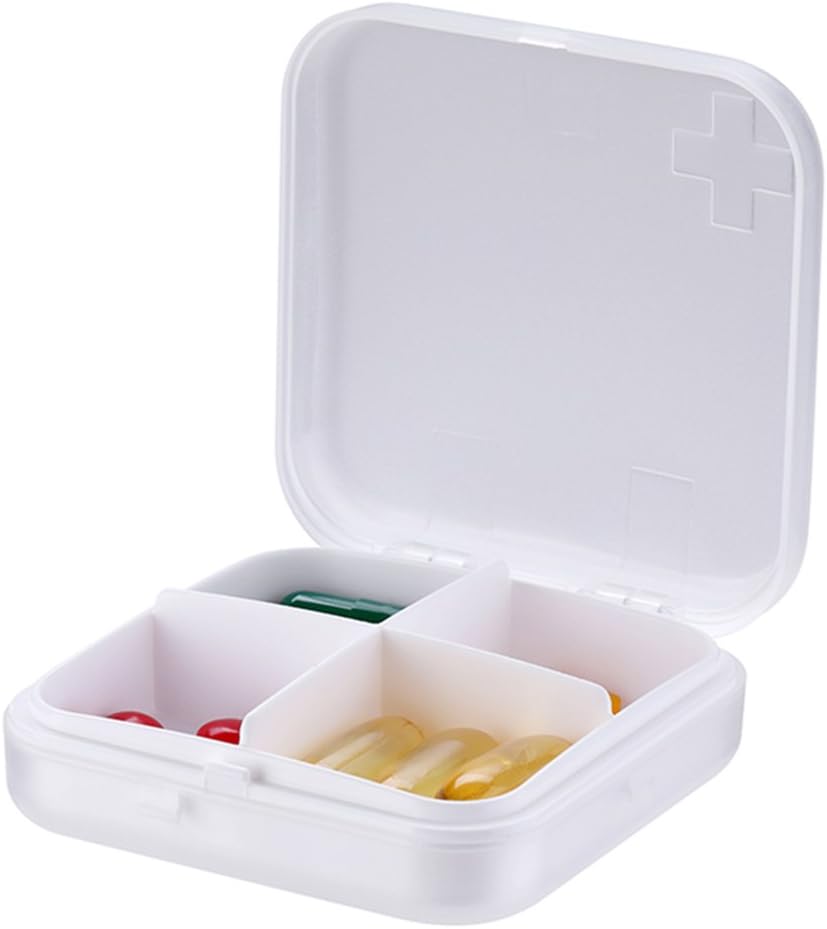 Organisateur de pilules portatives - Boîte à pilules mince pour la poursuite ou le voyage, cas de pilule compacte(4 compartiment, blanc)