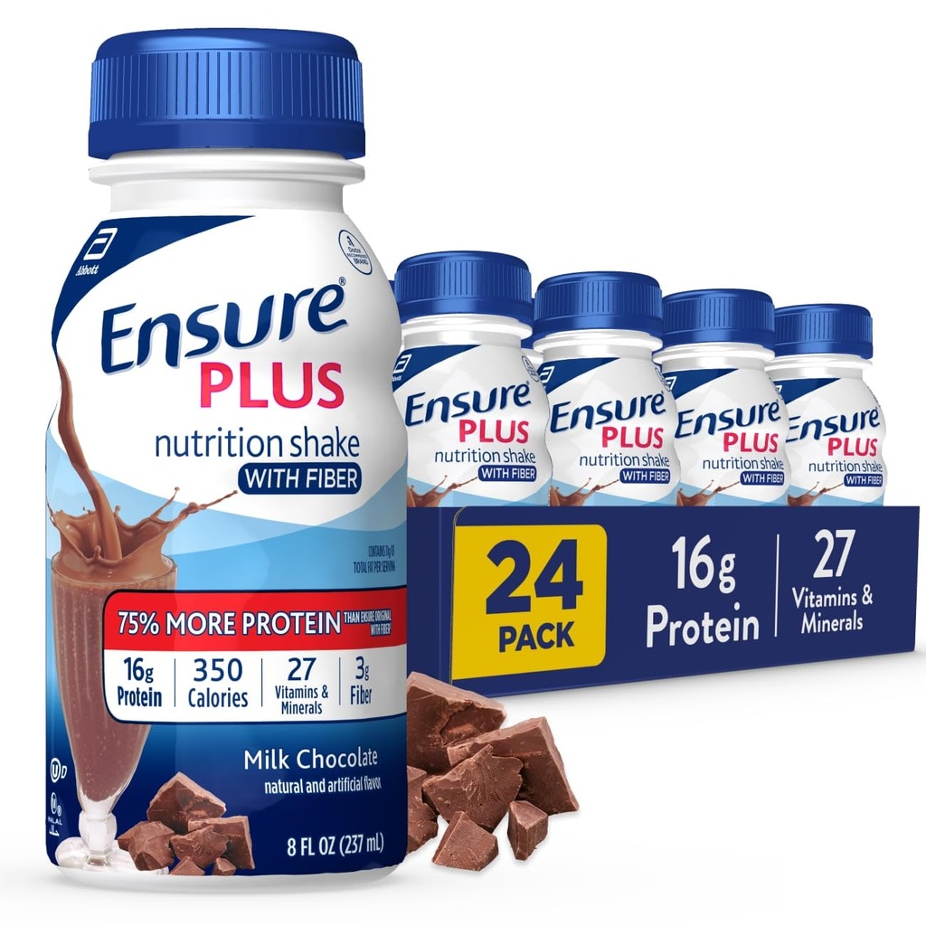 Assicurare Plus Milk Chocolate Nutrition Shake con Fiber | Meal Sostituzione Shake | Pronto a Bere | 16g Protein e 27 Vitamine e Minerali | 8 fl oz - 24 Pack