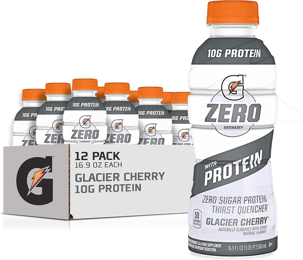 Gatorade Zero With Protein, 10g Whey Protein Isolate, Zero Sugar, Liquid Electrolytes, Glacier Cherry, 16.9 Fl Oz Bottiglia, 12 Pack