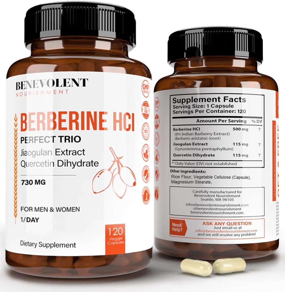 Premium Berberina HCL 730mg - 120 VCAPS Perfect Trio Complex con Non OGM Jiaogulan & Quercetin