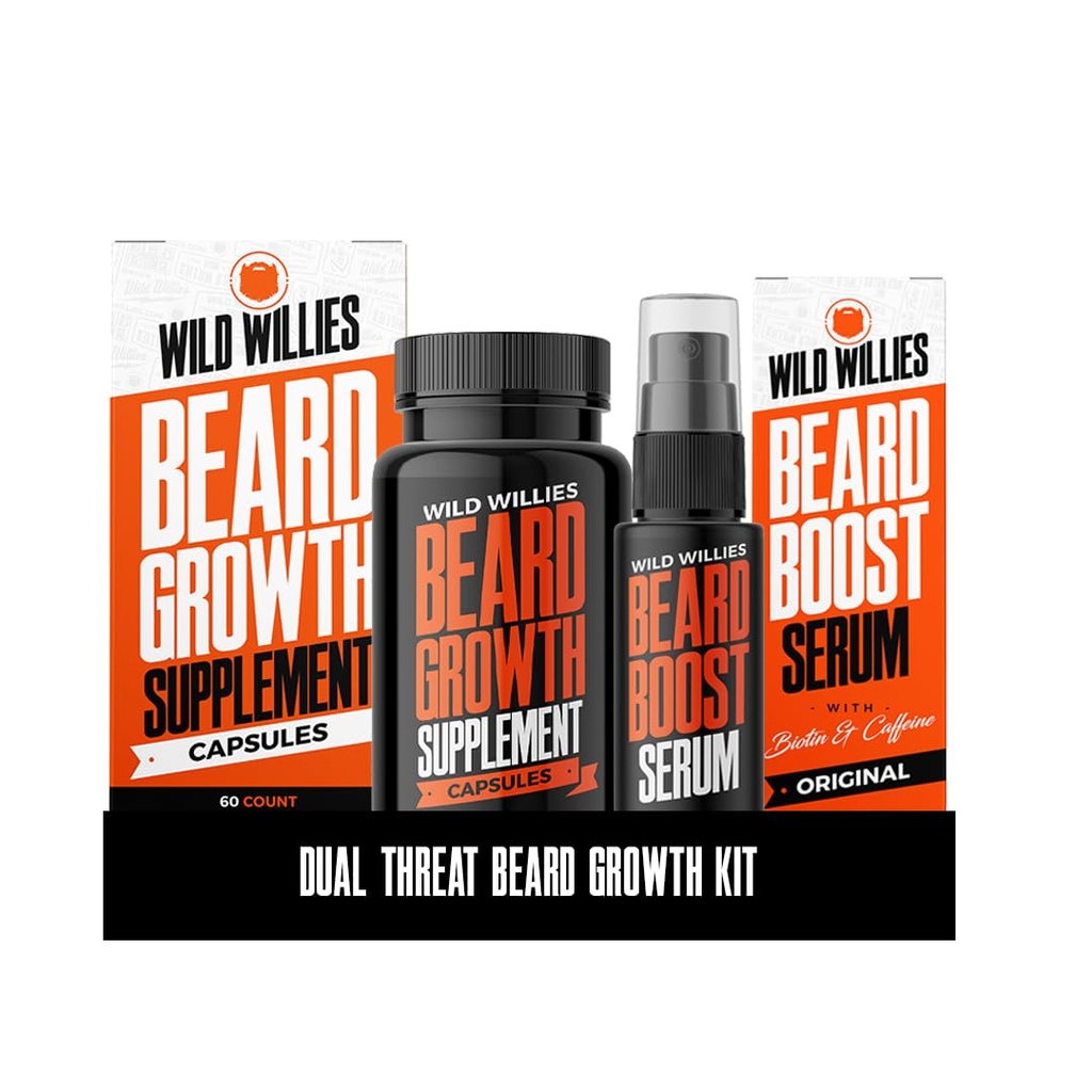 Wild Willies Bart Growth Kit - Kapseln & Boost Serum - Natürliches Wachstumsöl mit Biotin & Koffein - Vitamine für Fuller, Thicker Bart - 60 Kapseln - Für Männer