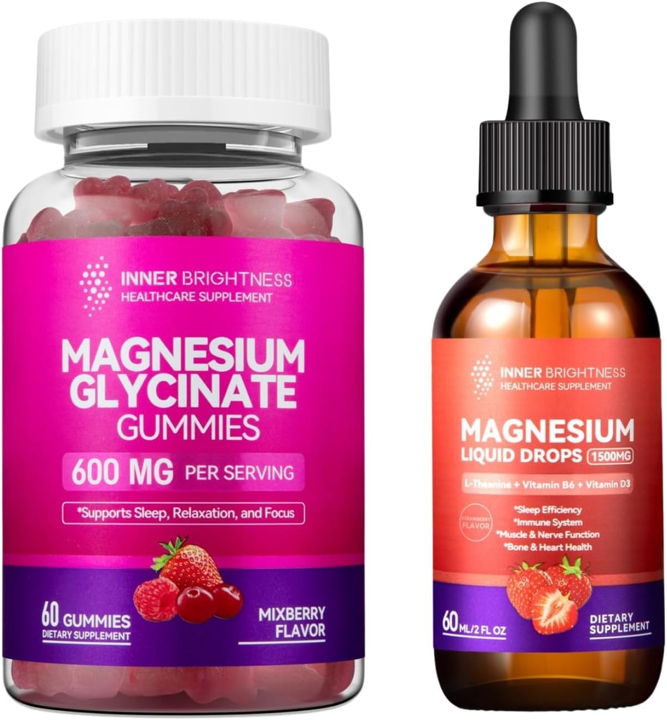 Magnesio Glycinate|Gummie per Adulti, Dormire, Relax & Focus, Aroma di Bacca Mista & Liquido con Citrato di Magnesio & Taurate, Aroma di Fragola