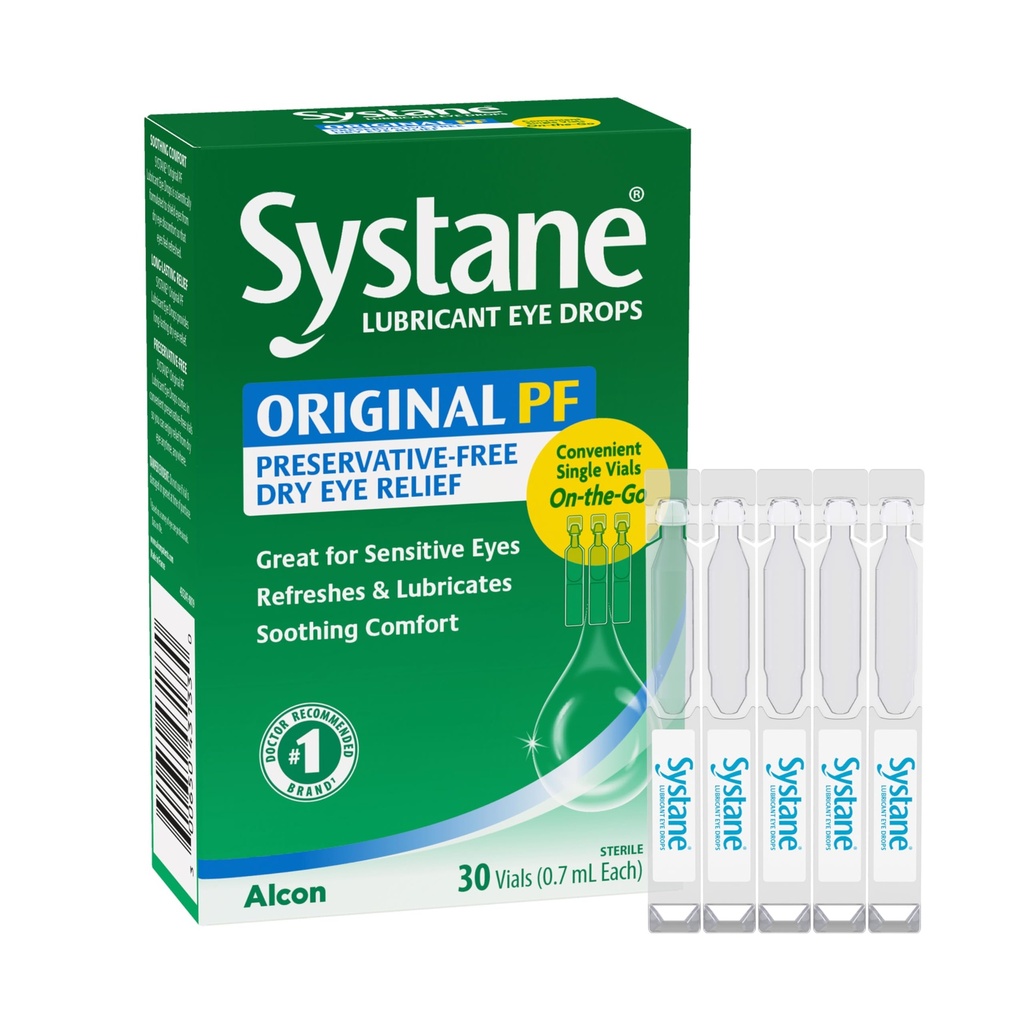 Les gouttes lubrifiantes originales sans conservateur Systane pour les yeux sensibles, 30 Ct, Viaux à usage unique, Confort apaisant, Soulagement des yeux sensibles et secs, Rafraîchir et lubrifiant pour le soulagement des yeux secs sur le trajet