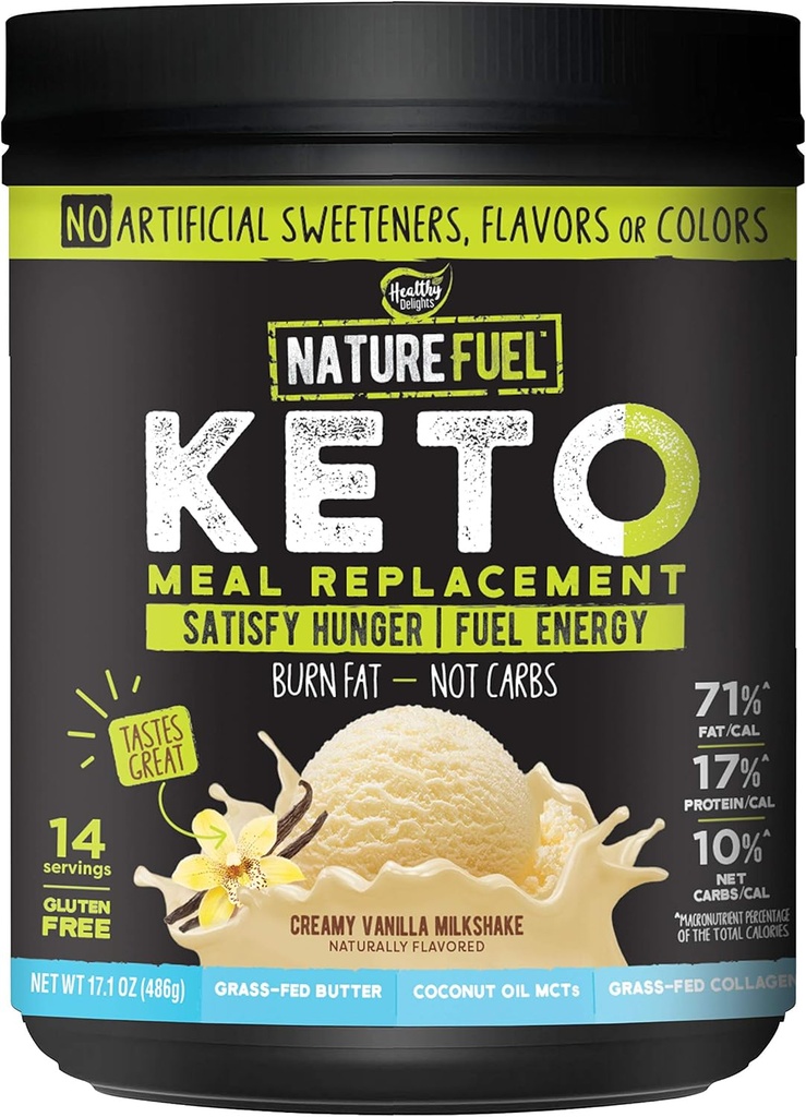 Nature Fuel Keto Meal Replacement Powder - Gluten Free with Coconut Oil MCTs and Grass-Fed Butter - Creamy Vanilla Milkshake - 14 Servings - Pantry Friendly, 17.1 Fl Oz