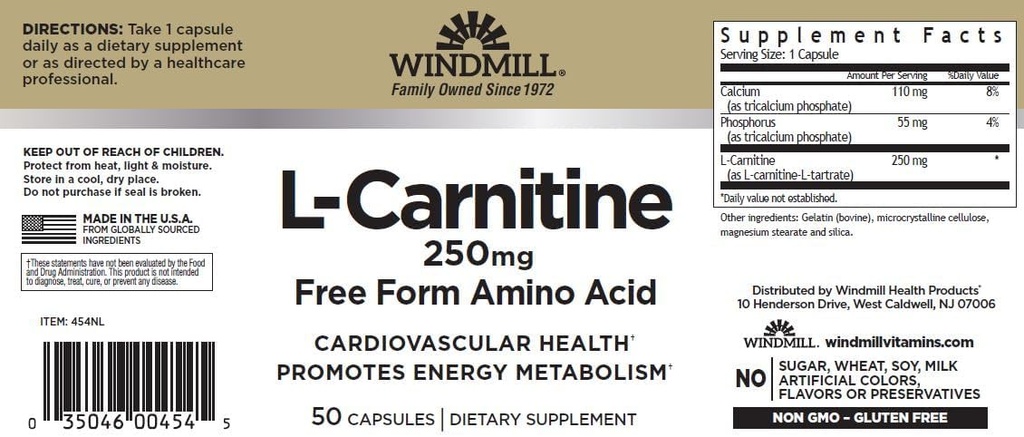 Mulino a vento L-Carnitina 250 mg Capsule 50 Conte (3 Confezione)