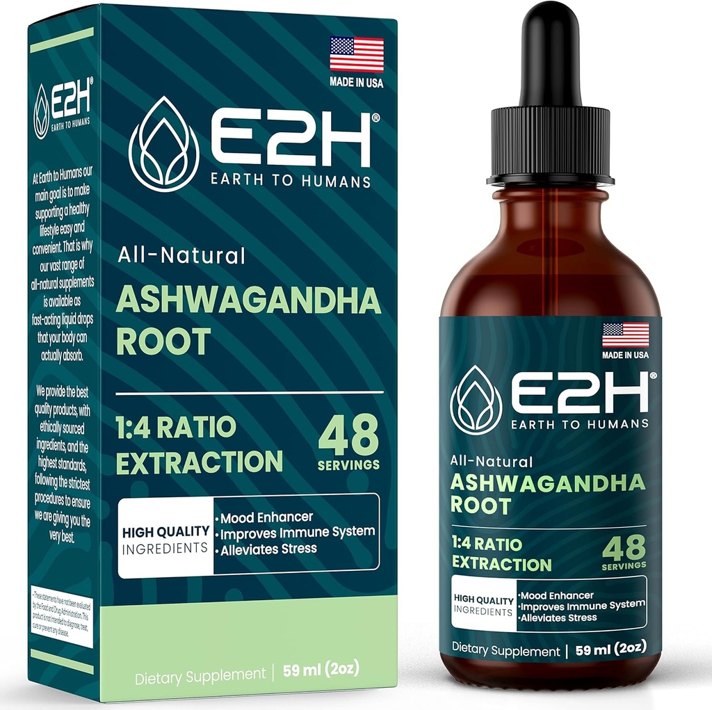 E2H Ashwagandha Liquid Drops - All-Natural Ashwagandha Ergänzung für Stress Relief und Stimmung Enhancer- Organic Ashwagandha Root Extract Effective Cortisol Manager | Non-GMO, Vegan | 2 Fl Oz
