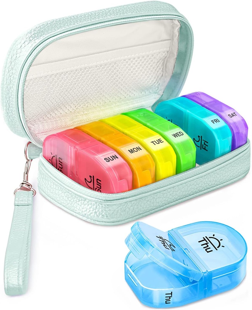 Organisateur de pilules mignon 2 fois par jour, Pilule en cuir PU pour les femmes, Pill Box hebdomadaire portable pour la purse avec sac de stockage pour tenir les vitamines, médicaments, huiles de poisson, suppléments (Cyan Blue)