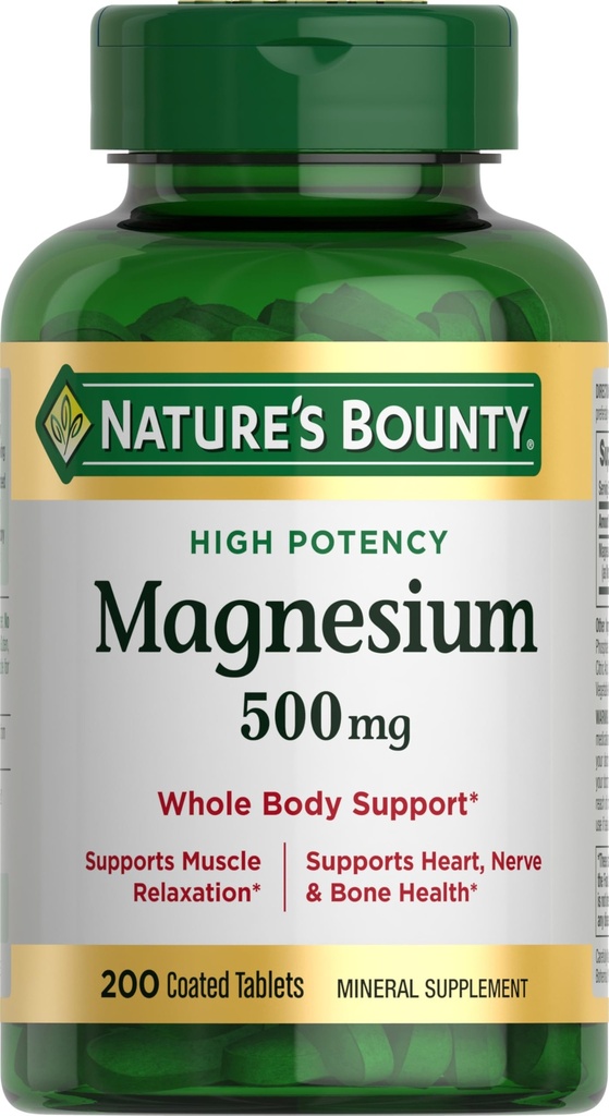 Nature's Bounty Magnesium 500 mg Tabletten, Hohe Potenz Magnesium Ergänzung für Knochen & Muskel Gesundheit, Ganze Körper Unterstützung, 200 Zähler (Pack von 1)