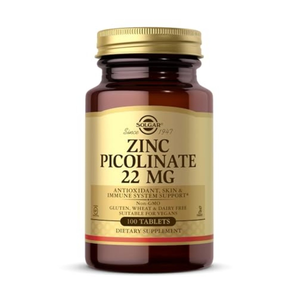 Solgar Zink Picolinate 22 mg, 100 Tabletten - Fördert gesunde Haut - Unterstützt Immunsystem, Normaler Geschmack & Vision - Antioxidans – Non-GMO, Vegan, Glutenfrei, Kosher - 100 Servierungen