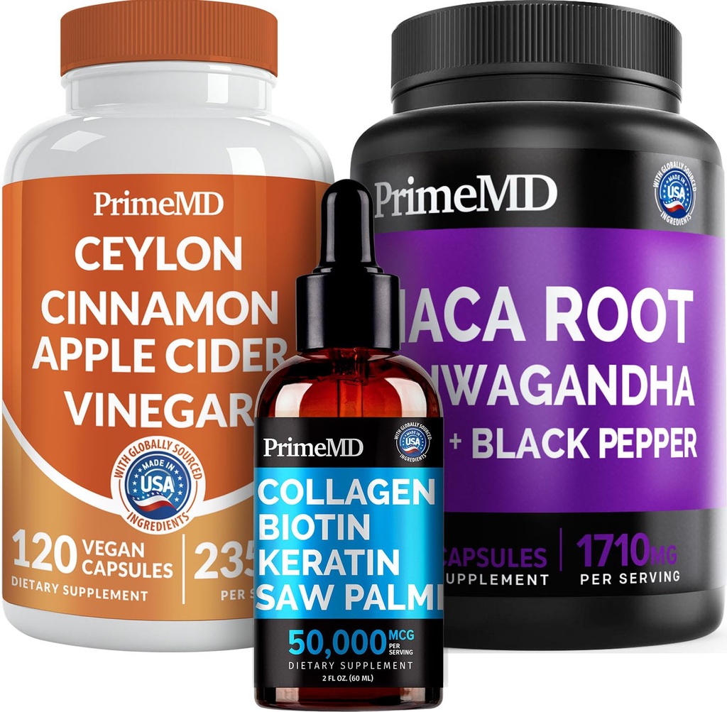 5-in-1 Ceylon Cinnamon (120ct), 4-in-1 Biotin Collagen Keratin Saw Palmetto (2 fl oz - 1 Pack) & 6-in-1 Maca Root Ashwagandha (120ct) Bundle - Energy, Mood, Hair, Skin & Immun Support Supplement