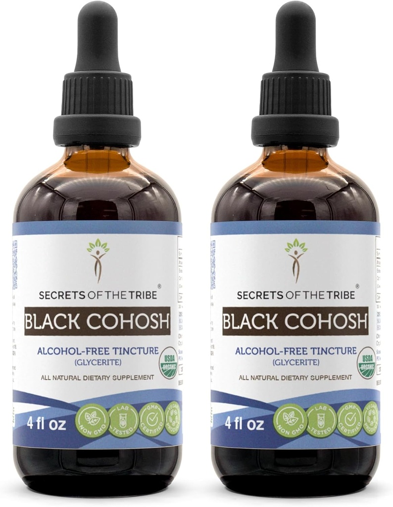 Secrets of the Tribe Black Cohosh USDA Organic | Alkoholfreier Extrakt, hochauflösende Kräutertropfen | Hergestellt aus 100% zertifiziertem Bio-Black Cohosh (Cimfugicia Racemosa) Getrocknete Wurzel 2x4 oz