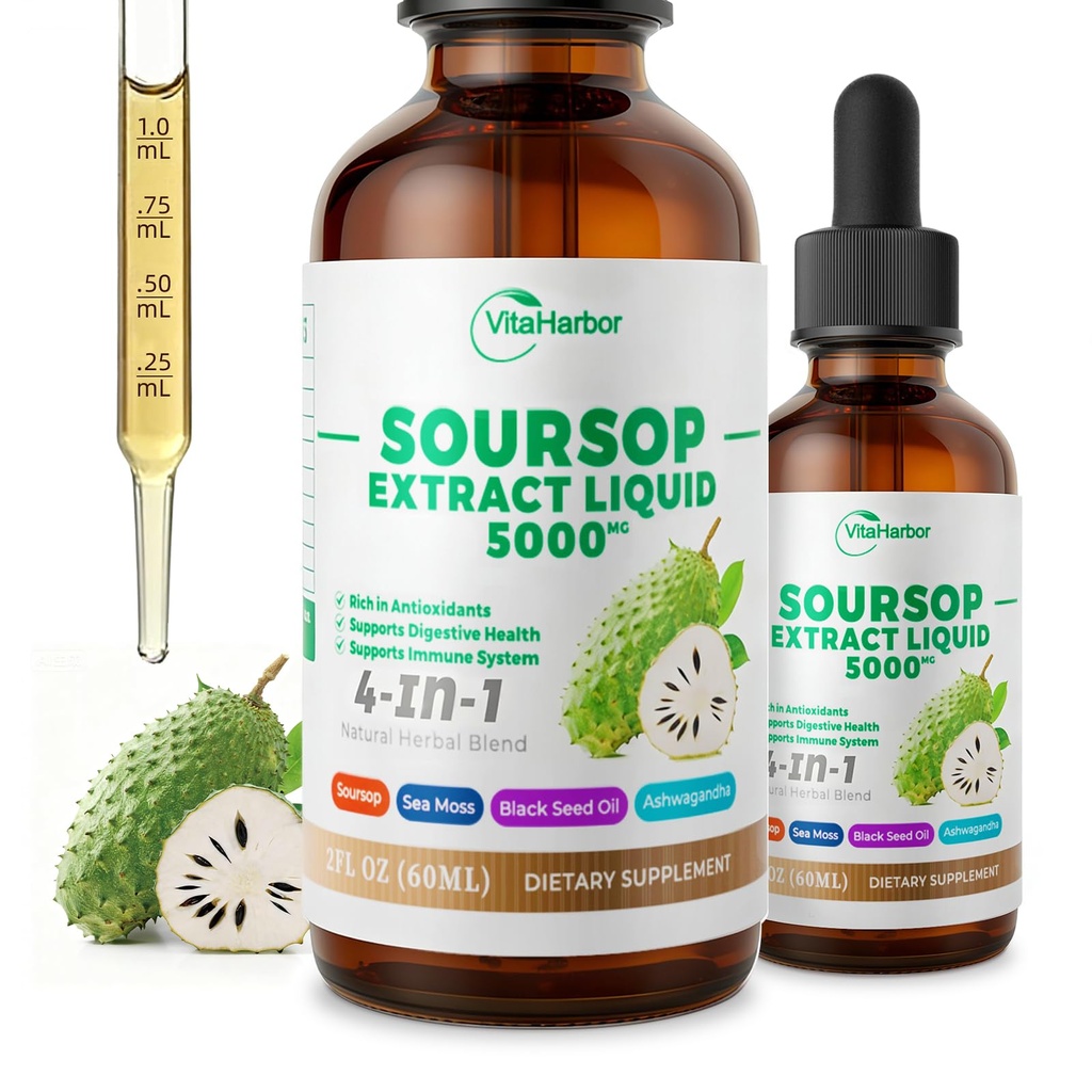 4-in-1 Soursop Bitters Liquid, Olio di Soursop con Sea Moss & Black Seed Oil & Ashwagandha, per Immune & Digestive & Cell Support, Zucchero-Free | Non-GMO | Vegan (2 Fl oz)