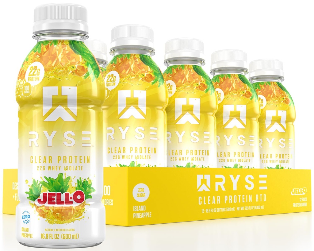 RYSE Clear Protein Drink - Jell-O Island Ananas - 100 Kalorien, 22g Whey Isolate Protein Shake, Sugar-Free, 0g Fat & Lactose-Free - Refreshing Ready-to-Drink Beverage - 16,9 fl oz Flaschen (12-Pack)