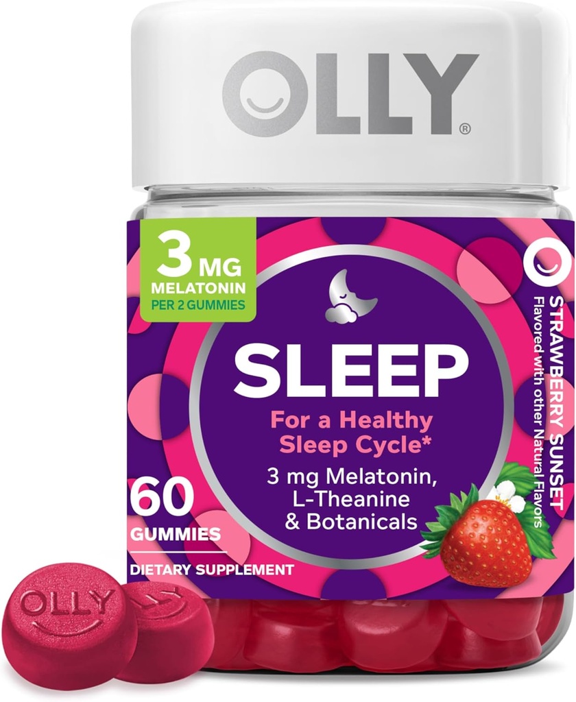 OLLY Sleep Gummy, 3 mg Melatonin, L-Theanin, Kamille, Zitronenbalsam, Schlafhilfe, Erdbeere, 60 Count