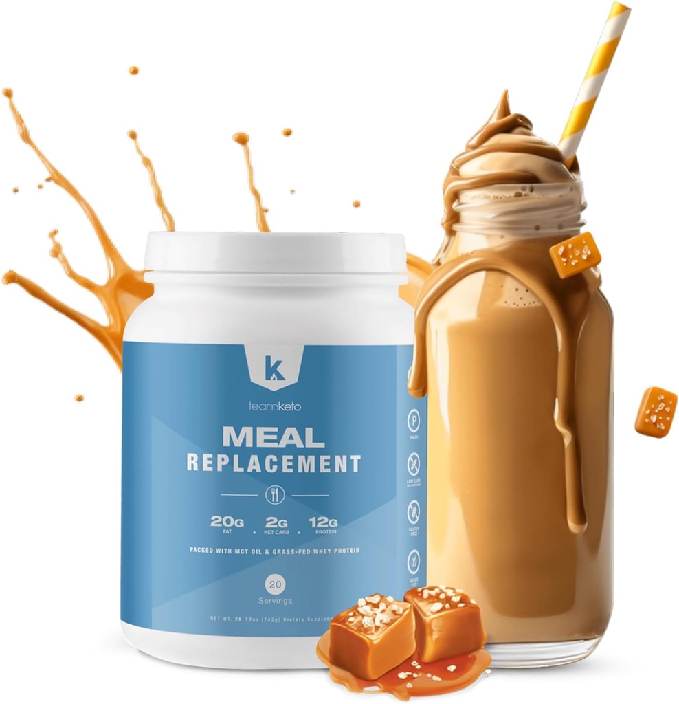 La polvere di ricambio della farina di TeamKeto contiene polvere di MCT, olio di cocco, polvere di proteine del siero di siero di siero di erba & 100% aromi naturali per Boost Ketosis- Carbi bassi & Energy Boost- 742g- Caramel salato