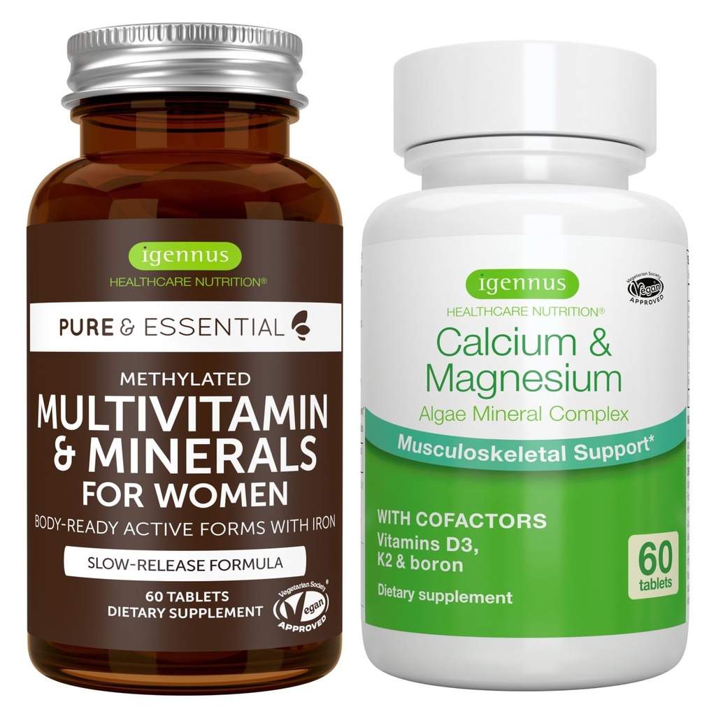 Multivitamina e minerali per le donne + Calcium & Magnesio Complesso Vegan Bundle, rilascio prolungato Multivitamina + 2:1 Complesso minerale basato sulle piante, di Igennus