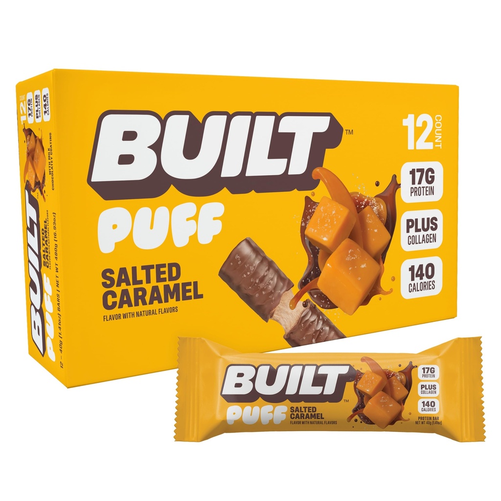 Erbaute Bar, Puff Protein Bars, Salted Caramel Puff, 17g Protein Snacks, On-The-Go Bars, Nur 140 Kalorien, 6g Zucker, Kollagen, Glutenfrei, 12 Zähler