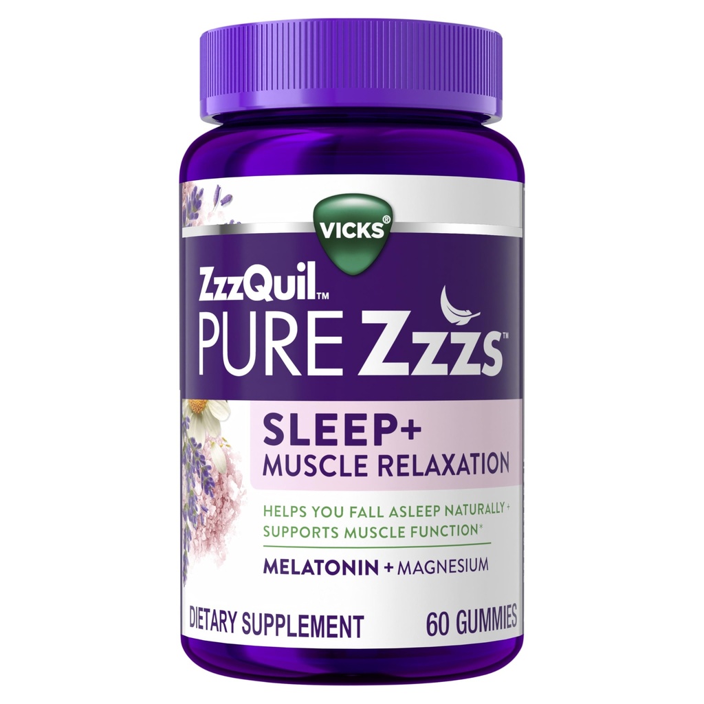 ZzzQuil Pure Zzzs Muskelentspannung Melatonin Schlafhilfe Gummis, unterstützt die Muskelfunktion, hilft Ihnen, natürlich einzuschlafen, schnell, Melatonin + Magnesium, kein Next-Day Grogginess, Drug-Free, 60ct