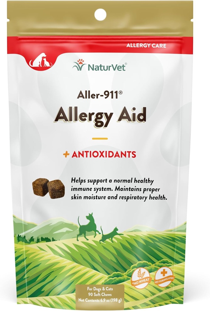 NaturVet – Aller-911 Skin & Coat Allergy Aid Plus Antioxidants – 90 Soft Chews – Supporta Immune System, Skin Moisture & Respiratory Health – Migliorata con Omegas, DHA & EPA – per cani e gatti