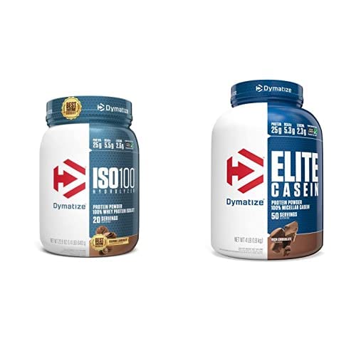 Dymatize ISO100 Polvere di proteine idrolizzate, 25g di proteine isolate di siero 100%, Cioccolato Gourmet, 20 Servings Elite Casein Protein Powder, 100% Caseina Micellare, Cioccolato ricco, 4 Pound