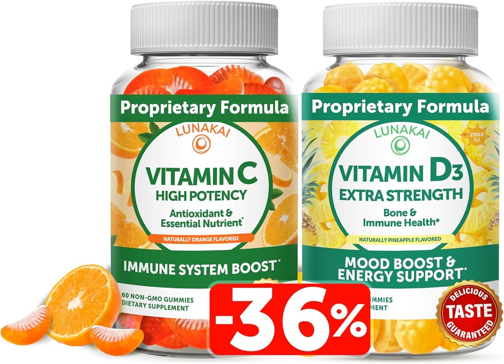 Lunakai Vitamine C et Vitamine D3 Gommies Bundle - 300mg Organique, Non-OGM, Gummy à croquer végétalien - Supplément de soutien aux adultes pour l'immunité, les os et l'humeur