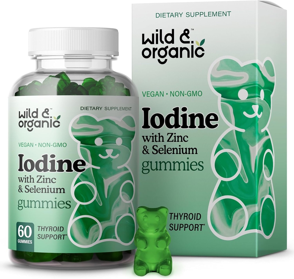 Wild & Organic Iodine Gummies 250mcg - Complexe de soutien immunitaire avec/Iodide de Potassium - Supplément d'iode de zinc de sélénium pour l'immunité et le soutien global - 60 Gummes végétaliens, à base de pectine