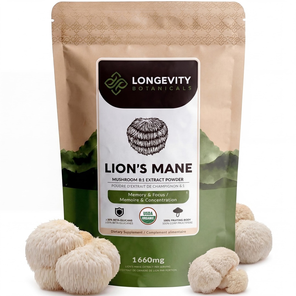 Organic Lions Mane Powder Mushroom Supplement 100g | Pure Fruiting Body 8:1 Estrarre ad alta resistenza | 20% Beta-D Glucans | 13,280mg Raw Equivalent Per Serving | Focus, Memoria, Gut, Nerve & Brain Support