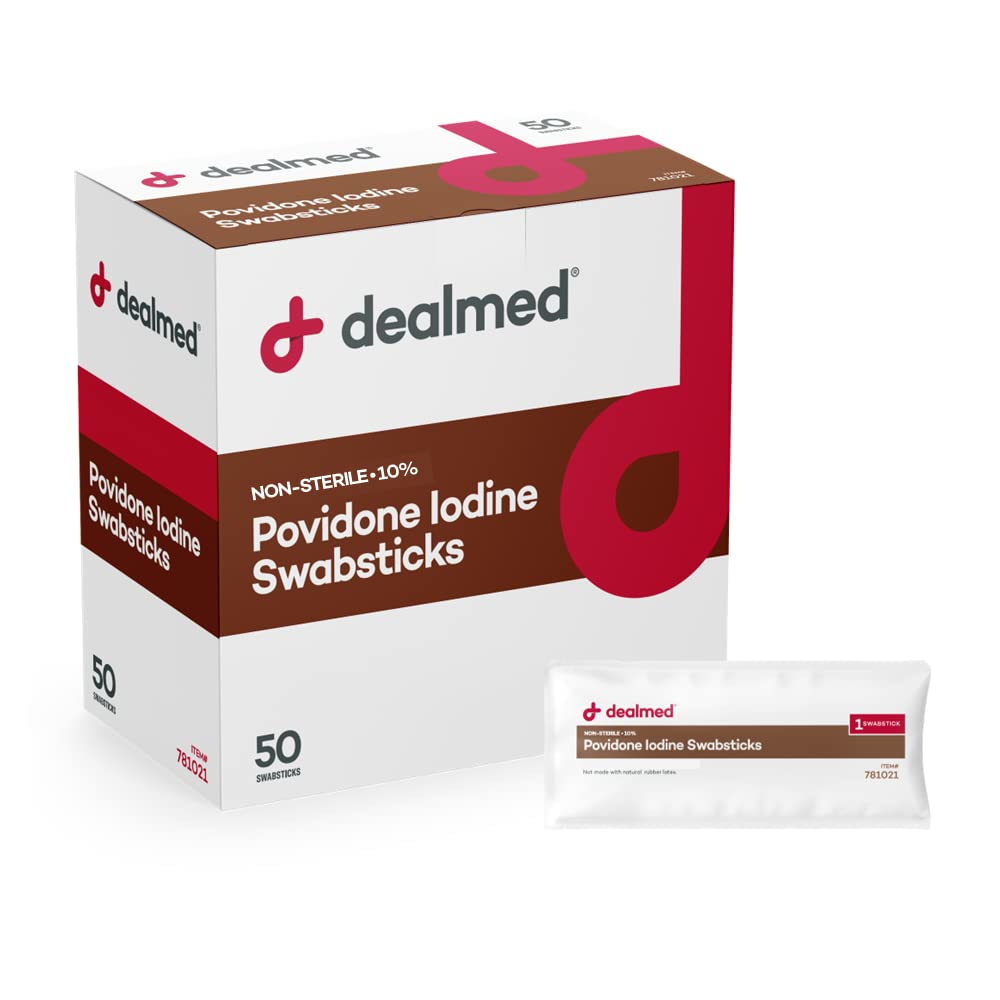 Dealmed Povidone Iodine 10% Swabsticks - Individuell versiegelte Pakete perfekt für Wound Care und Portable First Aid Kits, 50/Box (Pack von 1)