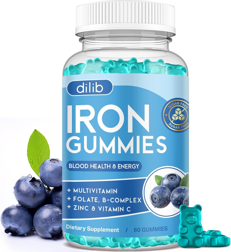 Gommies de fer avec multivitamine, supplément de fer pour les femmes et les hommes avec zinc, complexe de vitamine B & C, B12, Folate - Blood Builder & Energy Support pour les adultes et les enfants - Blueberry Flavor, Vegan 60 Gommies