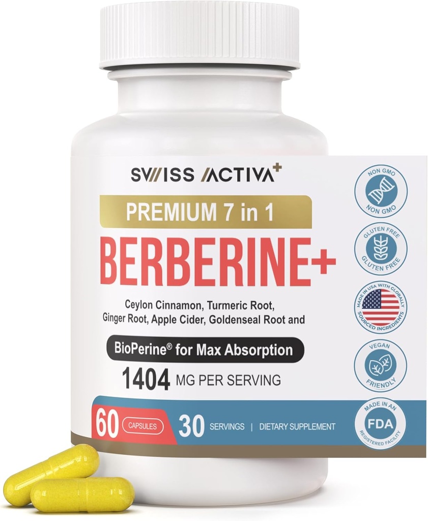 Swiss Activa+ Labs Organic 7-en-1 Berberine Supplement $ 600mg HCl + Ceylan Cinnamon, Turmeric, Ginger, ACV, Goldenseal, BioPerine $ Soutien métabolique, cardiaque et digestif $ Vegan, non-OGM 30 jours