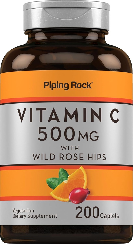 Piping Rock Vitamin C | 500mg | 200 Caplets | mit Rose HIPS | Vegetarisch, Non-GMO, Glutenfreie Ergänzung