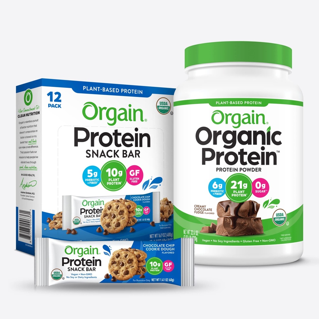 Orgain Organic Vegan Protein Powder and Protein Bars Bundle (2.03lb + 12 Count)