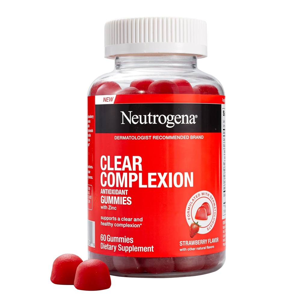 Neutrogena Clear Complexion Antiossidante Gummies con zinco, supplemento giornaliero per la cura della pelle con vitamina A, C & E per la pelle chiara, sana + probiotici, aroma di fragola, 60 ct