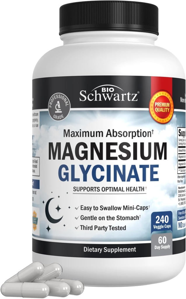 BioSchwartz Magnesium Glycinate 500mg Capsule (240 Mini Caps) Supplemento massimo di assorbimento al magnesio per i muscoli sani Mood e supporto al sonno (Vegan, senza glutine, non OGM)