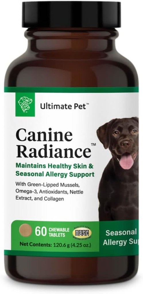 ULTIMATE PET NUTRITION Canine Radiance Skin Allergy Support Supplemento per Cani, Idratazione della pelle Omega-3, Antiossidanti per prevenire il prurito e rinforzare lo strato, 60 compresse masticabili