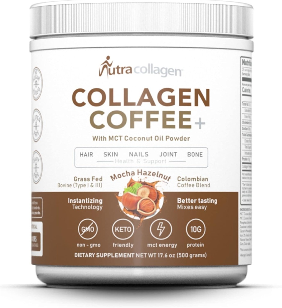 NUTRACOLLAGEN Peptidpulver mit Premium-Kolumbianischen Kaffee; Grass-Fed; Keto Friendly, MCT Kokosölpulver, Soja frei, Glutenfrei, Zuckerfrei, 40mg Koffein/SVG; Mocha Hazelnut 25 Servietten